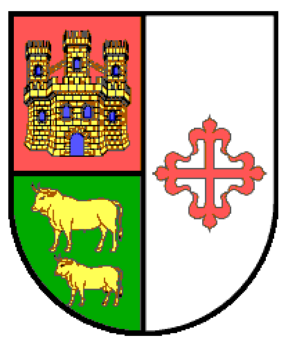 Un escudo de armas. Semicortado y partido, primero de gules con un castillo donjonado de oro, aclarado de azur y mazonado de sable; segundo de sinople con un buey y una vaca de oro puestos en palo; tercero de plata con la cruz de Calatrava de gules.